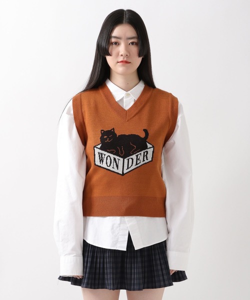 WONDER VISITOR（ワンダービジター）の「WONDER VISITOR／Box Catニットベスト 2276924（ベスト・レディース・ライトブルー/ブラウン・FREE）」の6枚目の写真