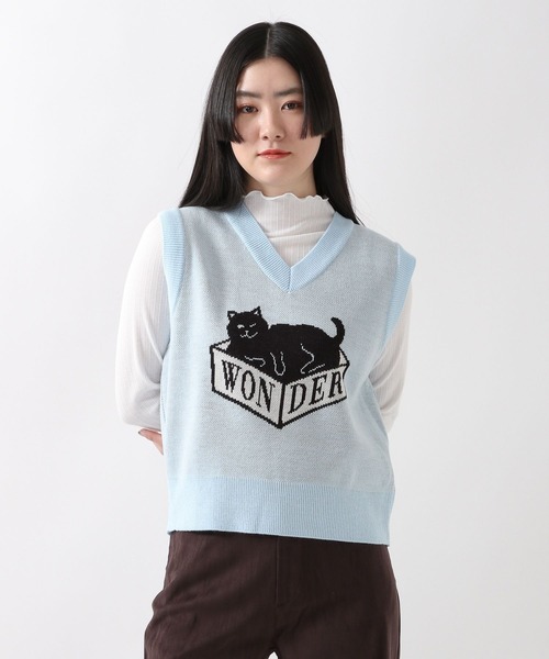WONDER VISITOR（ワンダービジター）の「WONDER VISITOR／Box Catニットベスト 2276924（ベスト・レディース・ライトブルー/ブラウン・FREE）」の8枚目の写真