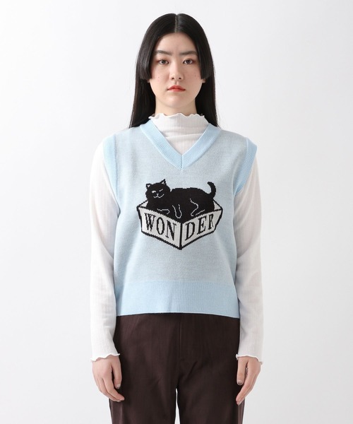 WONDER VISITOR（ワンダービジター）の「WONDER VISITOR／Box Catニットベスト 2276924（ベスト・レディース・ライトブルー/ブラウン・FREE）」の9枚目の写真