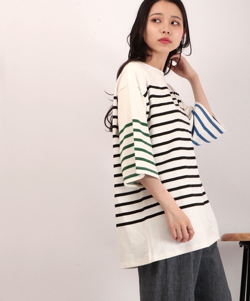 SUGGESTION(サジェッション)の「SUGGESTION ヘビーウエイトパネル切替ボーダーバスクシャツ(Tシャツ/カットソー・メンズ・グリーン/ブラック/ブルー/その他2/レッド/その他1・M/L)」の6枚目の写真