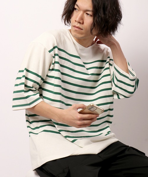 SUGGESTION(サジェッション)の「SUGGESTION ヘビーウエイトパネル切替ボーダーバスクシャツ(Tシャツ/カットソー・メンズ・グリーン/ブラック/ブルー/その他2/レッド/その他1・M/L)」の4枚目の写真