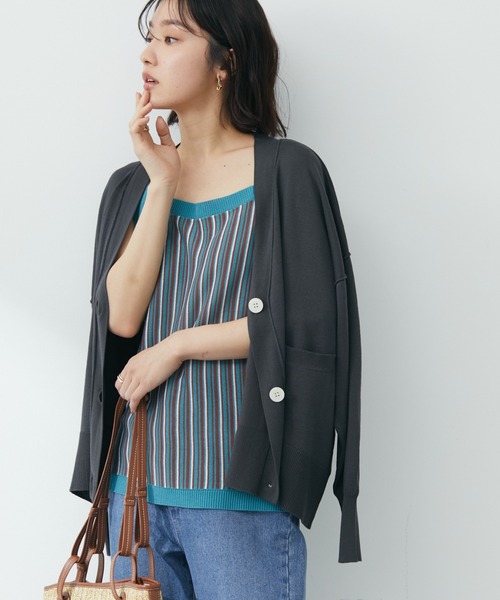 Green　Parks（グリーンパークス）の「洗える ショート丈ニットカーデ（カーディガン/ボレロ・レディース・チャコールグレー/オフホワイト/イエロー/オレンジ/グリーン・FREE）」の3枚目の写真