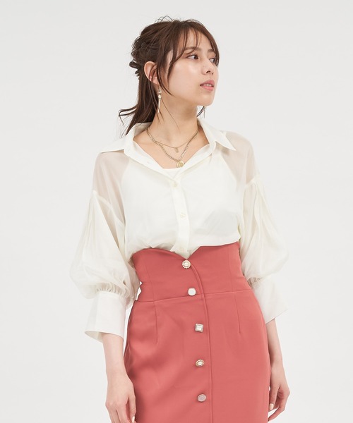 ROYAL PARTY(ロイヤルパーティー)の「袖ボリュームシアーシャツブラウス(シャツ/ブラウス・レディース・パープル/オフホワイト/グリーン・FREE)」の15枚目の写真