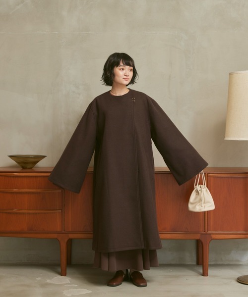 PATOU ワイドスリーブセーラーコート38パープル Limue ノーカラーコート コート 配色ラインワイドスリーブノー