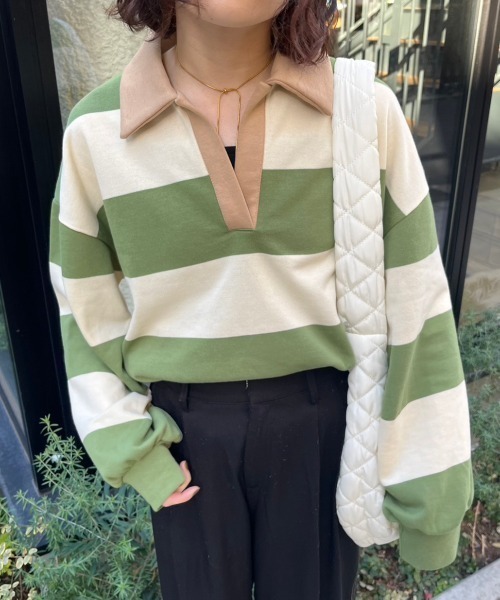 nemne store(ネンネストア)の「【低身長用サイズあり】裏毛ボーダースキッパースウェット(スウェット・レディース・グリーン/ブルー/ブラック・SMALL/MEDIUM)」の2枚目の写真