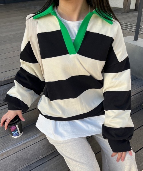 nemne store(ネンネストア)の「【低身長用サイズあり】裏毛ボーダースキッパースウェット(スウェット・レディース・グリーン/ブルー/ブラック・SMALL/MEDIUM)」の4枚目の写真