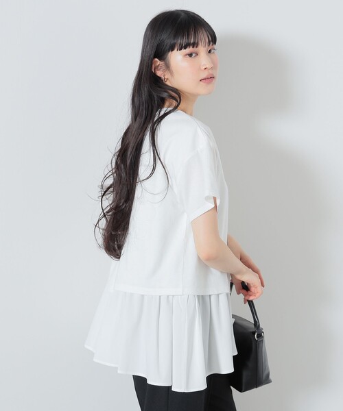 BEAMS HEART(ビームスハート)の「BEAMS HEART / アシンメトリープリーツ 異素材プルオーバー(Tシャツ/カットソー・レディース・オフホワイト/カーキ/クリアブラック・FREE)」の22枚目の写真