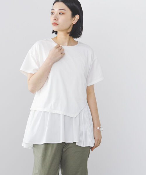 BEAMS HEART(ビームスハート)の「BEAMS HEART / アシンメトリープリーツ 異素材プルオーバー(Tシャツ/カットソー・レディース・オフホワイト/カーキ/クリアブラック・FREE)」の9枚目の写真