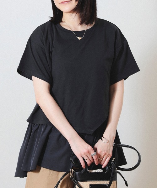 BEAMS HEART(ビームスハート)の「BEAMS HEART / アシンメトリープリーツ 異素材プルオーバー(Tシャツ/カットソー・レディース・オフホワイト/カーキ/クリアブラック・FREE)」の12枚目の写真