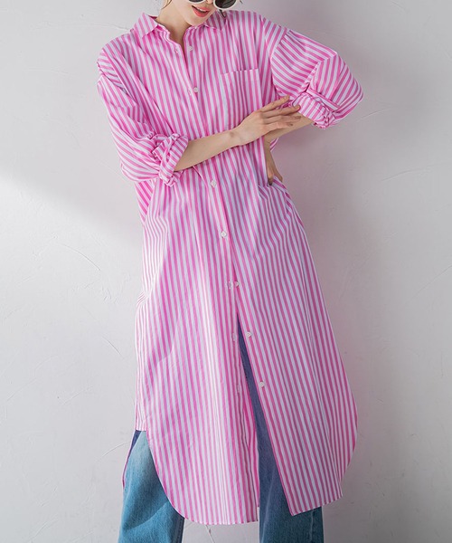 VICKY（ビッキー）の「【羽織としても使える】カラーストライプシャツワンピース《洗濯機で洗える》（シャツワンピース・レディース・ダークネイビー/グリーン系その他/ブルー系その他/ピンク系その他・M）」の4枚目の写真