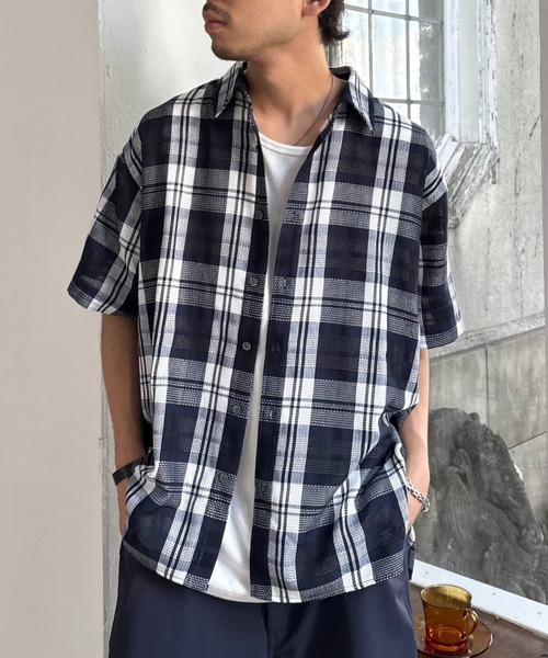 CIAOPANIC TYPY（チャオパニックティピー）の「【ユニセックス】バスケット編みメッシュチェックシャツ（シャツ/ブラウス・メンズ・ベージュ/ネイビー/グリーン/ブラウン/ブラック/ブラック系その他/グリーン系その他/レッド/イエロー/スカイブルー/ミント/ブラック系その他2/ブルー系その他4/ベージュ系その他・MEDIUM/LARGE）」の4枚目の写真