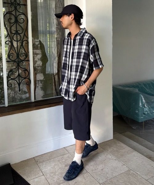 セール】【ユニセックス】バスケット編みメッシュチェックシャツ