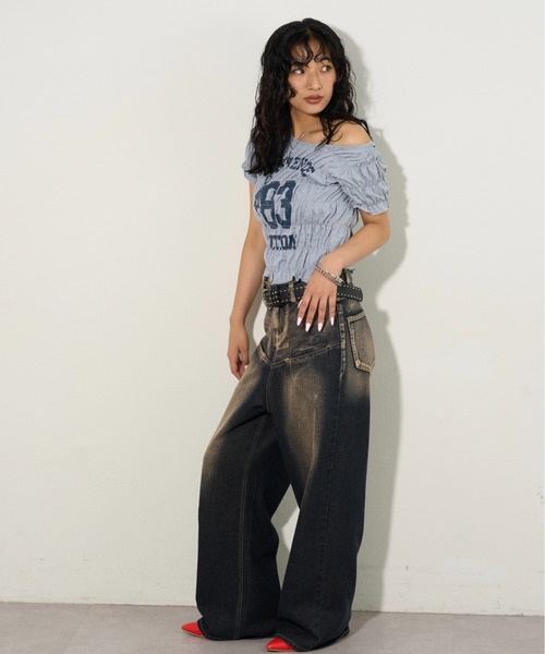 ベルト付WHO'S WHO galleryスラッシュポケットブラストワイドデニム セール】《UNISEX / サイズ展開あり》スラッシュポケット