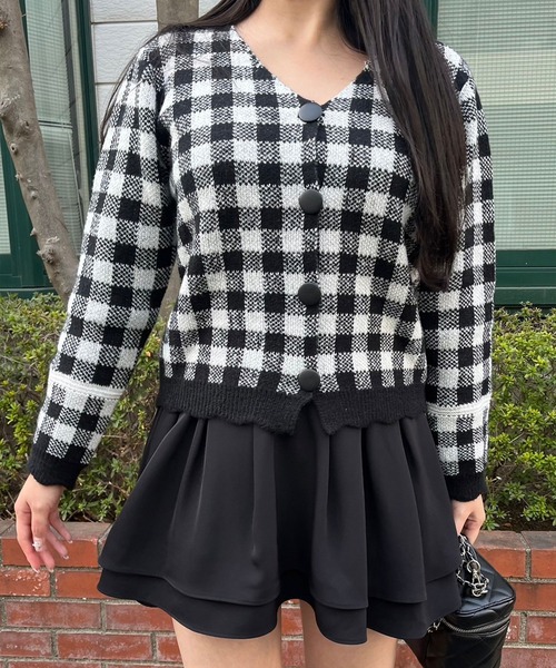 titty＆Co. PETIT（ティティアンドコープティ）の「【titty&Co.PETIT 】チェック柄ニットカーディガン（カーディガン/ボレロ・レディース・ブラック/ホワイト・FREE）」の6枚目の写真