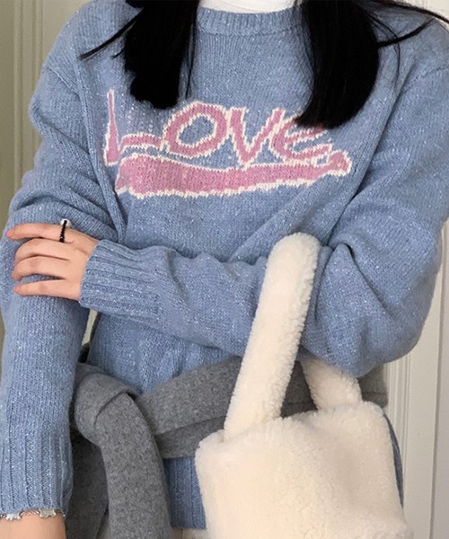 LYEON（リヨン）の「Loveジャガードニットプルオーバー（ニット/セーター・レディース・ブルー/グレー・FREE）」の5枚目の写真