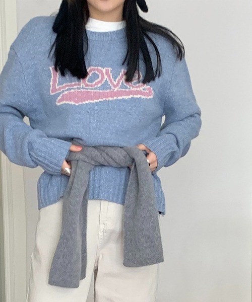 LYEON（リヨン）の「Loveジャガードニットプルオーバー（ニット/セーター・レディース・ブルー/グレー・FREE）」の9枚目の写真