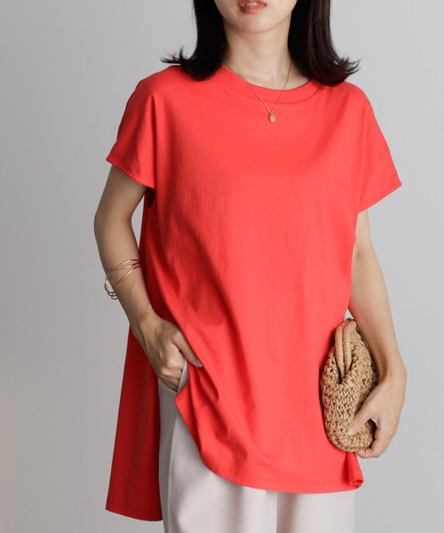 RANAN（ラナン）の「[Beautiful Cotton]サイドスリットフレンチスリーブTシャツ（Tシャツ/カットソー・レディース・ダークブルー/イエロー/ダークブラウン/ライトグレー/その他/ブラック/オレンジ系その他/オフホワイト・M/LL/L）」の7枚目の写真