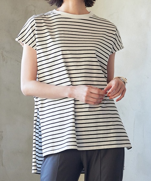 RANAN（ラナン）の「[Beautiful Cotton]サイドスリットフレンチスリーブTシャツ（Tシャツ/カットソー・レディース・ダークブルー/イエロー/ダークブラウン/ライトグレー/その他/ブラック/オレンジ系その他/オフホワイト・M/LL/L）」の8枚目の写真