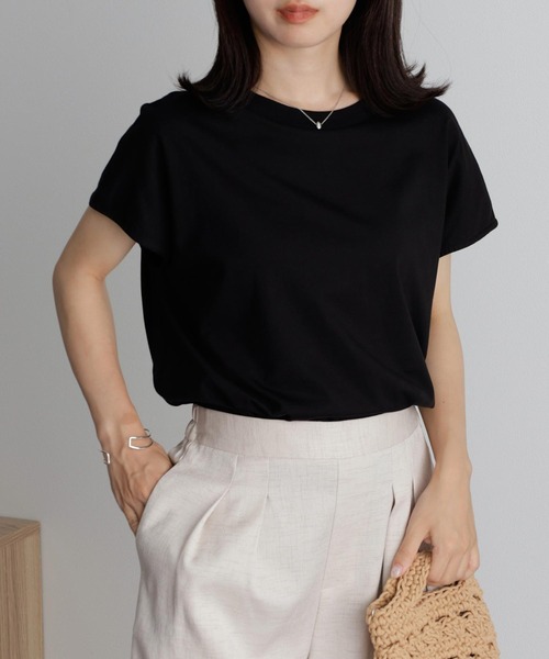 RANAN（ラナン）の「[Beautiful Cotton]サイドスリットフレンチスリーブTシャツ（Tシャツ/カットソー・レディース・ダークブルー/イエロー/ダークブラウン/ライトグレー/その他/ブラック/オレンジ系その他/オフホワイト・M/LL/L）」の3枚目の写真