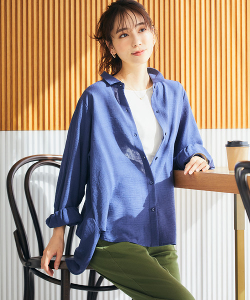 CROSS FUNCTION（クロスファンクション）の「《シワになりにくい・洗える》リネンライクタックスリーブシャツ【CF/クロスファンクション】（シャツ/ブラウス・レディース・オフホワイト/サーモンピンク/オレンジ/ベージュ/ライトグリーン/ネイビー・M/L/LL）」の9枚目の写真