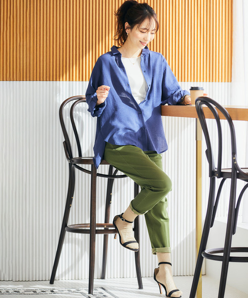 CROSS FUNCTION（クロスファンクション）の「《シワになりにくい・洗える》リネンライクタックスリーブシャツ【CF/クロスファンクション】（シャツ/ブラウス・レディース・オフホワイト/サーモンピンク/オレンジ/ベージュ/ライトグリーン/ネイビー・M/L/LL）」の12枚目の写真