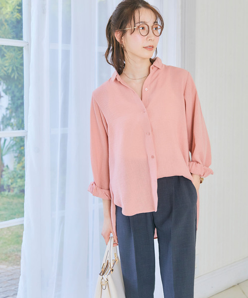 CROSS FUNCTION（クロスファンクション）の「《シワになりにくい・洗える》リネンライクタックスリーブシャツ【CF/クロスファンクション】（シャツ/ブラウス・レディース・オフホワイト/サーモンピンク/オレンジ/ベージュ/ライトグリーン/ネイビー・M/L/LL）」の19枚目の写真