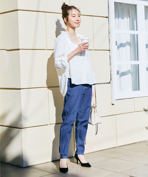 CROSS FUNCTION（クロスファンクション）の「《シワになりにくい・洗える》リネンライクタックスリーブシャツ【CF/クロスファンクション】（シャツ/ブラウス・レディース・オフホワイト/サーモンピンク/オレンジ/ベージュ/ライトグリーン/ネイビー・M/L/LL）」の8枚目の写真