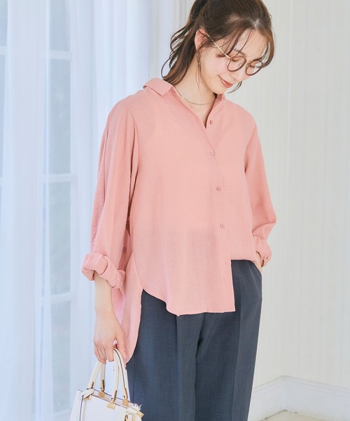 CROSS FUNCTION（クロスファンクション）の「《シワになりにくい・洗える》リネンライクタックスリーブシャツ【CF/クロスファンクション】（シャツ/ブラウス・レディース・オフホワイト/サーモンピンク/オレンジ/ベージュ/ライトグリーン/ネイビー・M/L/LL）」の22枚目の写真