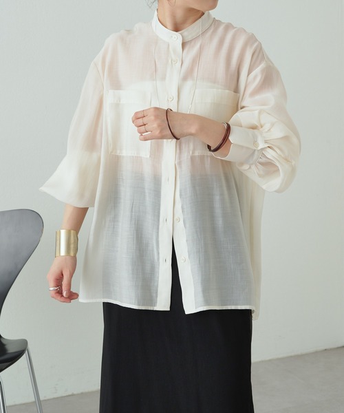 Omekashi（オメカシ）の「バンドカラーシアーシャツ（シャツ/ブラウス・レディース・オフホワイト/ブルー/ベージュ/ライム・FREE）」の14枚目の写真