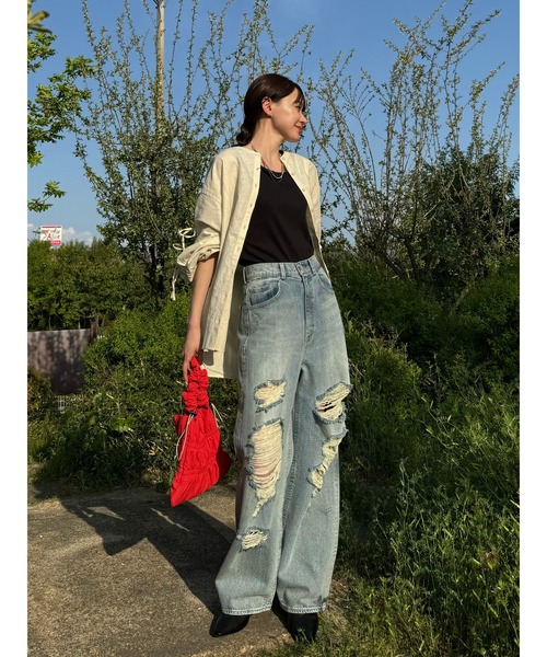 RODEO CROWNS WIDE BOWL（ロデオクラウンズワイドボウル）の「リネン アームリボンシャツ（シャツ/ブラウス・レディース・チャコールグレー/オレンジ系その他/オフホワイト/ブルー系その他・FREE）」の13枚目の写真