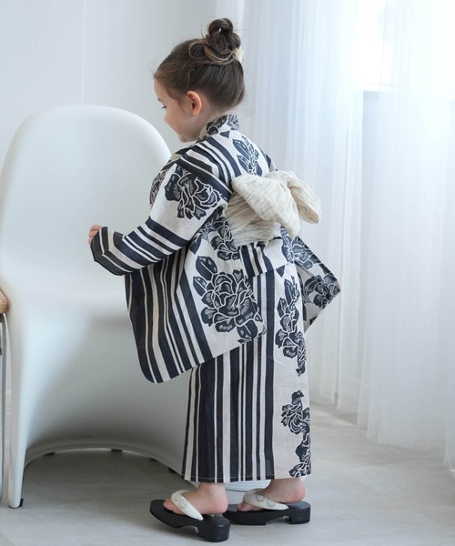 ニコアンティーク 高級変わり織 浴衣3点セット 大正浪漫えんじ縞と牡丹の染分け utatane｜ニコアンティーク 高級変わり織 浴衣3点セット 大正