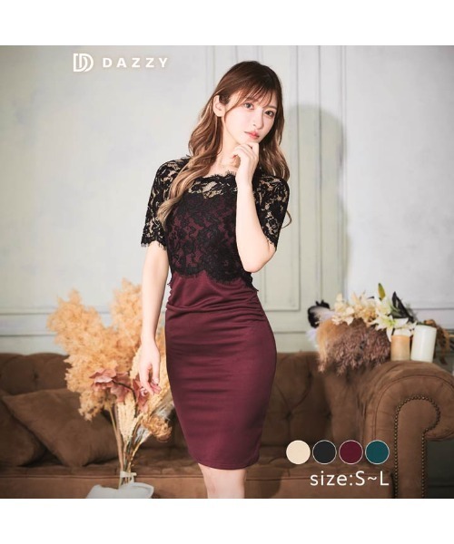 DAZZY（デイジー）の「ギャザー フラワーレース 五分袖 タイトミニドレス（ドレス・レディース・ブラック×グリーン/ブラック×ブラック/ブラック×レッド/ブラック×ベージュ・M/L/S）」の3枚目の写真