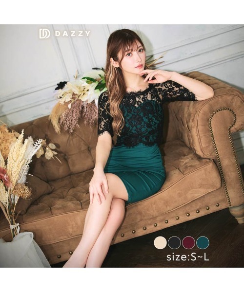 DAZZY（デイジー）の「ギャザー フラワーレース 五分袖 タイトミニドレス（ドレス・レディース・ブラック×グリーン/ブラック×ブラック/ブラック×レッド/ブラック×ベージュ・M/L/S）」の4枚目の写真