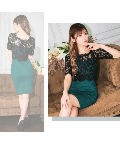 DAZZY（デイジー）の「ギャザー フラワーレース 五分袖 タイトミニドレス（ドレス・レディース・ブラック×グリーン/ブラック×ブラック/ブラック×レッド/ブラック×ベージュ・M/L/S）」の14枚目の写真