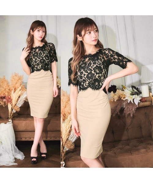 DAZZY（デイジー）の「ギャザー フラワーレース 五分袖 タイトミニドレス（ドレス・レディース・ブラック×グリーン/ブラック×ブラック/ブラック×レッド/ブラック×ベージュ・M/L/S）」の7枚目の写真