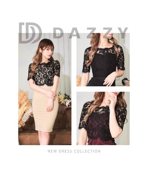 DAZZY（デイジー）の「ギャザー フラワーレース 五分袖 タイトミニドレス（ドレス・レディース・ブラック×グリーン/ブラック×ブラック/ブラック×レッド/ブラック×ベージュ・M/L/S）」の12枚目の写真