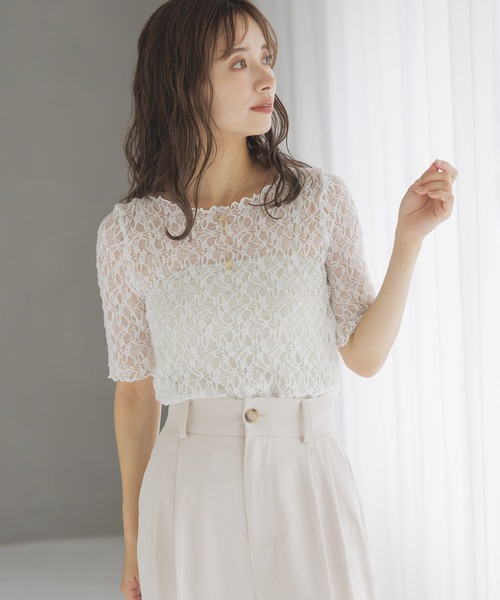 mysty woman(ミスティウーマン)の「ストレッチレースインナープルオーバー半袖 137954(Tシャツ/カットソー・レディース・ブラック/オフホワイト/ライトグリーン・FREE)」の2枚目の写真