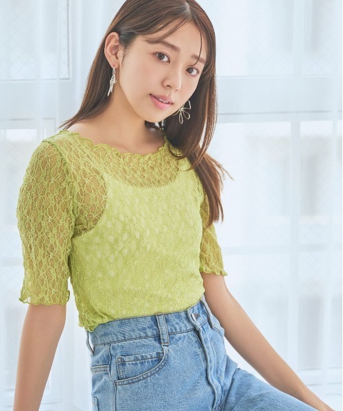 mysty woman(ミスティウーマン)の「ストレッチレースインナープルオーバー半袖 137954(Tシャツ/カットソー・レディース・ブラック/オフホワイト/ライトグリーン・FREE)」の3枚目の写真