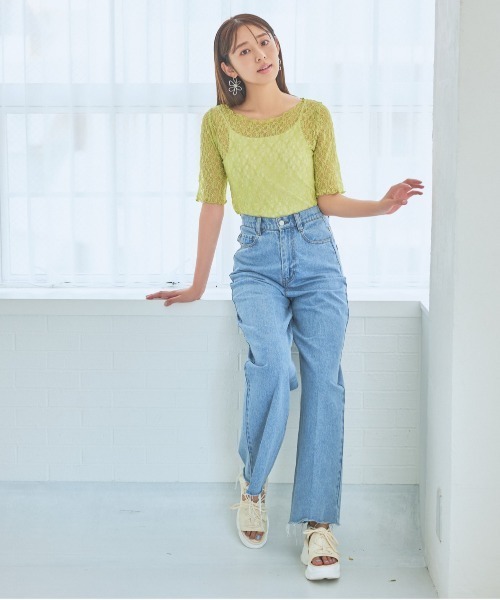 mysty woman(ミスティウーマン)の「ストレッチレースインナープルオーバー半袖 137954(Tシャツ/カットソー・レディース・ブラック/オフホワイト/ライトグリーン・FREE)」の5枚目の写真