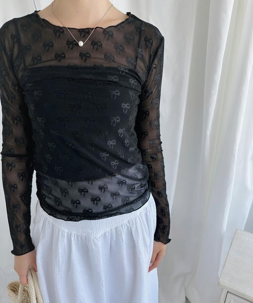 セール】透け感リボン柄シアートップス（Tシャツ/カットソー 