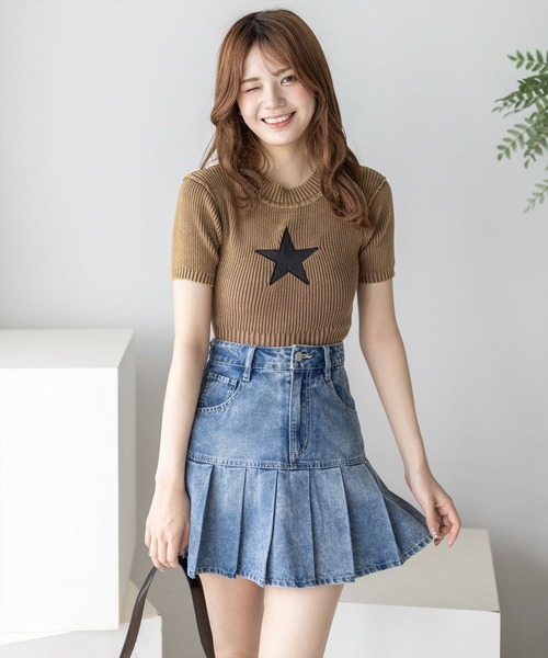 clear（クリア）の「ピグメント加工星ワッペン付キリブニットトップス［ウィッシュコア 大人 カジュアル］≪再入荷≫（ニット/セーター・レディース・ブルー/ブラウン/グレー・F）」の6枚目の写真