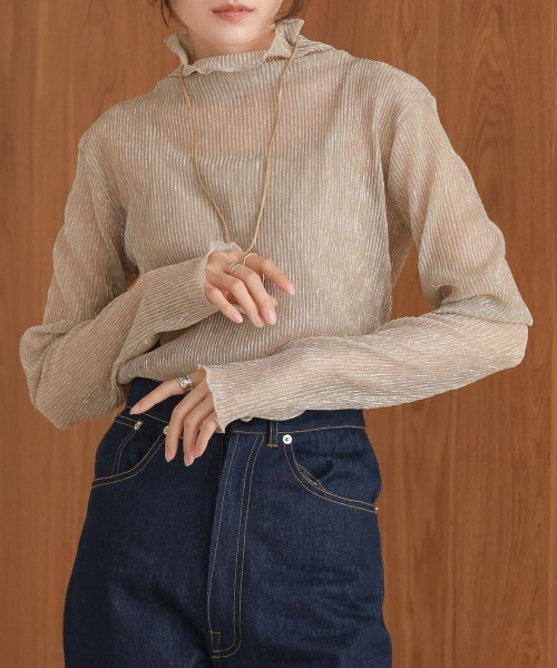 Bab（バブ）の「プリーツシアーハイネックトップス（Tシャツ/カットソー・レディース・ホワイト/ライトグレー/ピンク/ゴールド・FREE）」の4枚目の写真