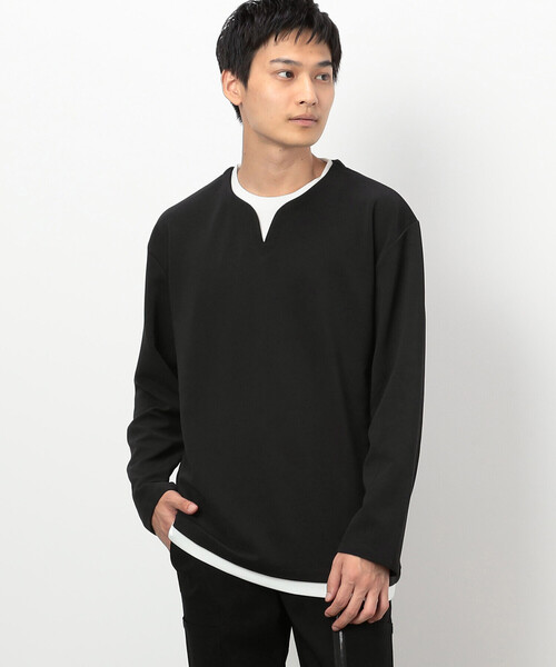 COMME CA ISM（コムサイズム）の「タテ畝ストレッチポンチ  フェイクレイヤード キーネックＴシャツ（長袖）（Tシャツ/カットソー・メンズ・ホワイト/ブラック・MEDIUM/LARGE/X-LARGE）」の6枚目の写真