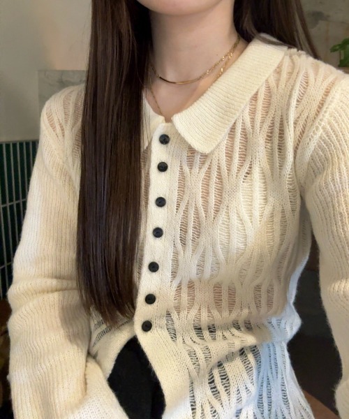 Bab（バブ）の「【nao×Bab】透かし編みニットカーデトップス（ニット/セーター・レディース・アイボリー/モカ・FREE）」の3枚目の写真