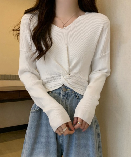 Miniministore(ミニミニストア)の「フロントツイスト ニットプルオーバー秋服(ニット/セーター・レディース・ブラック/ベージュ/アイボリー/グリーン/ホワイト・FREE)」の7枚目の写真
