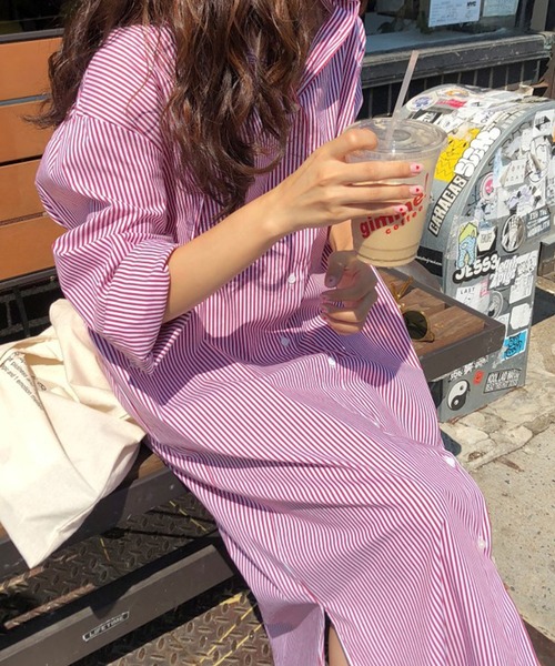 aimoha（アイモハ）の「ストライプシャツロングワンピース（ワンピース・レディース・ブルー/レッド・MEDIUM/SMALL/X-LARGE/LARGE）」の2枚目の写真