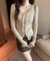 レースアップクルーネックニット ロン T