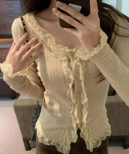 カーディガン 「 ３color 」レースフリルドッキングリブニットカーディガン ／ lace frill docking rib knit cardi 3color 】レースフリルドッキングリブニットカーディガン