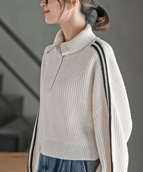 lohen ライン ニット セーター　グレー ライン入りハーフZIPニットプルオーバー（ニット/セーター）｜rps