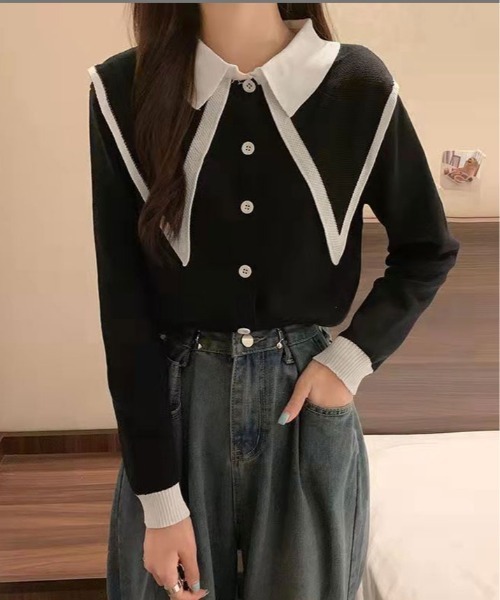 kirakiraShop(キラキラショップ)の「ビッグ カラー 配色 ニット ブラウス(ニット/セーター・レディース・ブラック/ホワイト/ベージュ・FREE)」の9枚目の写真